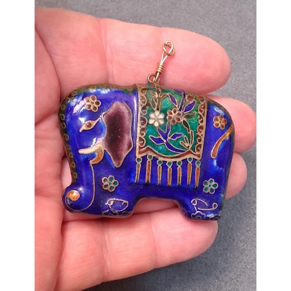 Cloisonne Enamel Elephant Pendant Vintage Cobalt Blue Large